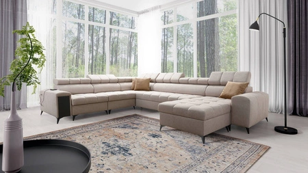 Narożnik z funkcją spania Bolmso VIII beżowy prawostronny elegancki i wygodny narożnik z szufladą idealny do przestronnych wnętrz