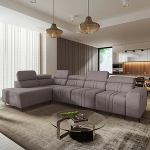 Narożnik z funkcją spania Castel XI szary brąz lewostronny komfortowy narożnik z pojemnikiem na pościel wytrzymała tkanina