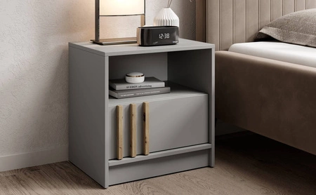 Szafka nocna z szufladą Aspen szara / lamele w kolorze dąb artisan stylowa szafka nocna stanowi idealny dodatek do sypialni