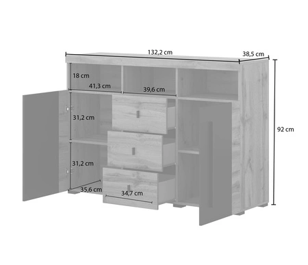 Komoda z szufladami Roger 133 cm dąb wotan / czarny gustowna stylistyka komody wzbogacona o stylowe czarne dodatki idealna do salonu sypialni