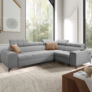 Narożnik z funkcją spania Bolmso II szary prawostronny narożnik z pojemnikiem na pościel szuflada z pełnym wysuwem w boczku mebla