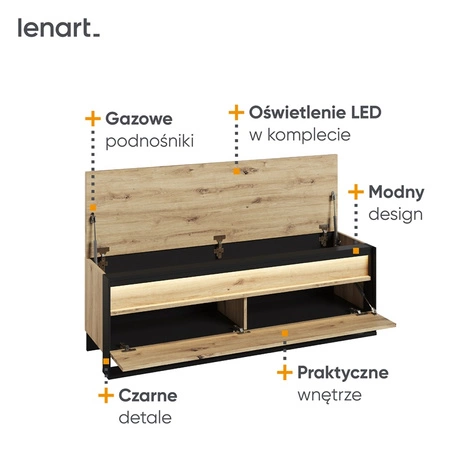 Szafka na buty Quant 135 cm dąb artisan / czarny tapicerowane siedzisko funkcjonalny dodatek do przedpokoju szafka z oświetleniem LED