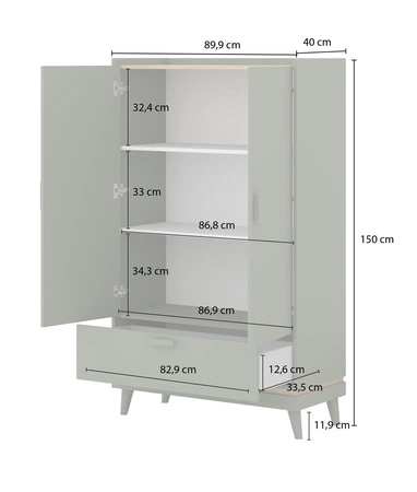 Komoda wysoka Scandia 90 cm zielona / dąb olejowany stylowy design komody z szufladą osadzonej na wysokich nogach idealna do sypialni