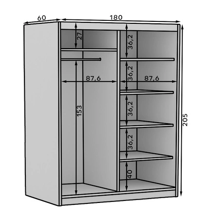 Szafa przesuwna z lustrem Delia 180 cm czarna stylowa szafa z ozdobnymi lamelami w kolorze drewna wpasuje się do każdej aranżacji
