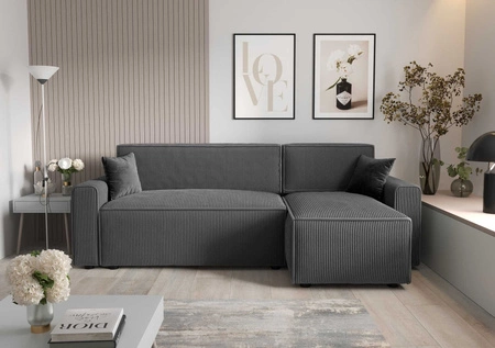 Narożnik z funkcją spania Brandon Bis szary prawostronny trójwymiarowa tkanina o wyrazistych prążkach pojemnik na pościel