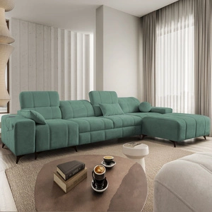 Narożnik z funkcją spania Penejos XII zielony prawostronny stylowy narożnik z pojemnikami na pościel komfortowe regulowane zagłówki