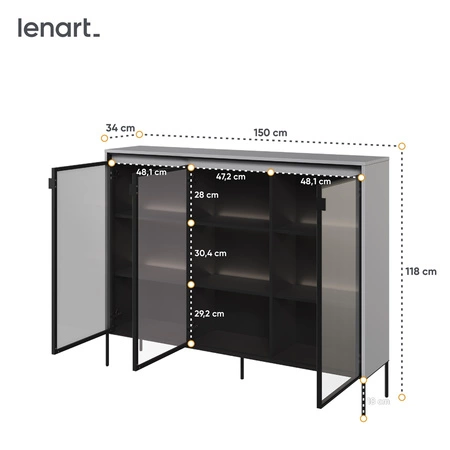 Komoda Trend 150 cm szara designerski przeszklony front klimatyczne oświetlenie w postaci paska led pod górnym blatem