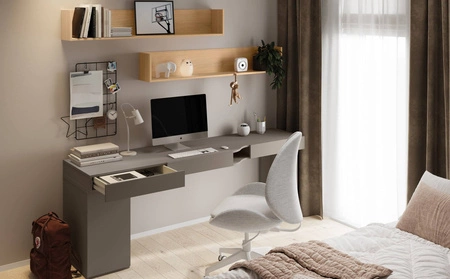 Biurko Woow 210 cm clay grey lewe modne biurko z szufladami o designerskim kształcie do zestawiania z innym modułem z kolekcji