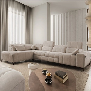 Narożnik z funkcją spania Penejos XI ciemny beżowy lewostronny wygodny narożnik z regulowanymi zagłówkami i dwoma pojemnikami na pościel