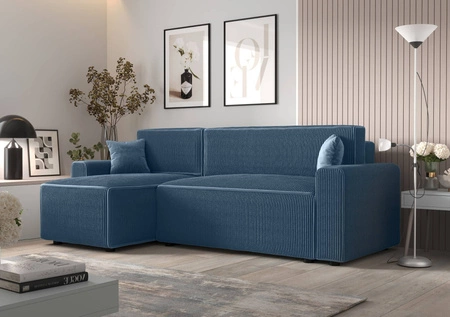 Narożnik z funkcją spania Brandon Bis niebieski lewostronny trójwymiarowa tkanina o wyrazistych prążkach pojemnik na pościel