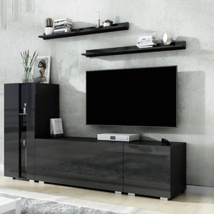 Meblościanka Oropos czarna / czarny połysk uniwersalna i stylowa meblościanka do salonu proste bryły wpisujące się w każde wnętrze