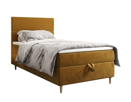Łóżko kontynentalne Bing 120x200 musztardowe w nowoczesnym skandynawskim stylu z tapicerowanym zagłówkiem łóżko z pojemnikiem