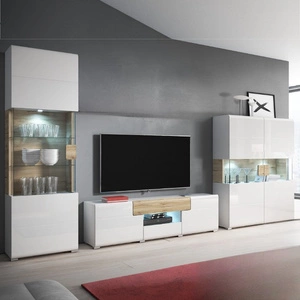 Meblościanka Toledo biała / biały połysk / san remo jasne idealna do salonu lub pokoju dziennego nada niepowtarzalny charakter wnętrzu