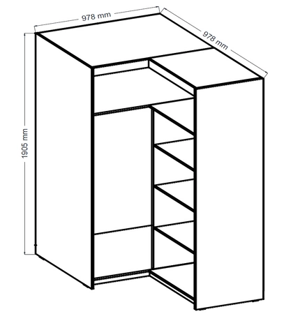 Szafa narożna Rene dąb olejowany stylowy design obrzeża wykończone ABS fronty szafy do sypialni o matowym wykończeniu czarne uchwyty