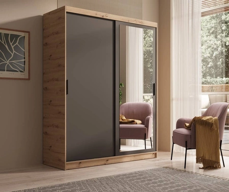 Szafa przesuwna z lustrem Hailey 160 cm dąb artisan / czarny minimalistyczna forma szafa idealnie wpasuje się do każdego wnętrza