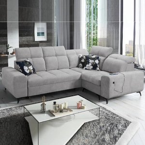 Narożnik z funkcją spania Buffalo II szary popiel prawostronny funkcjonalny i stylowy narożnik rozkładany z regulowanymi zagłówkami