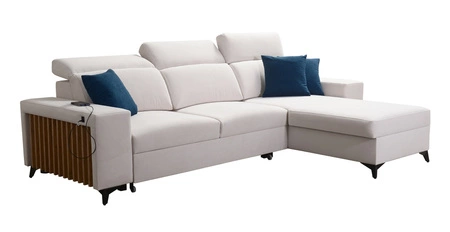 Narożnik z funkcją spania Kelly kość słoniowa prawostronny velvet komfort i funkcjonalność bok narożnika wykończony lamelami