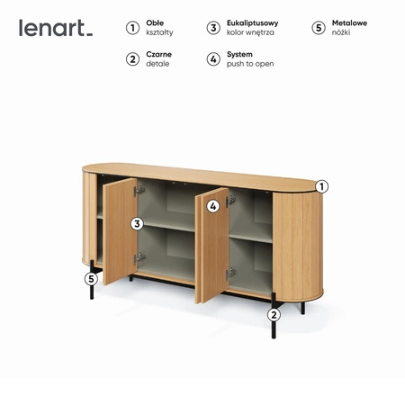 Komoda Rotto 168 cm dąb vincenza idealna komoda do salonu lub sypialni w stylu nowoczesnym unikalny kształt z zaoblonymi krawędziami