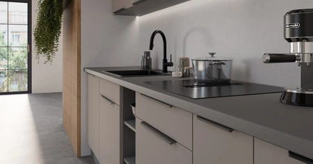 Zestaw mebli kuchennych Fiuggi Ant 300 cm stylowe szafki kuchenne z frontami wykonanymi w technologii anti fingerprint metalowe uchwyty