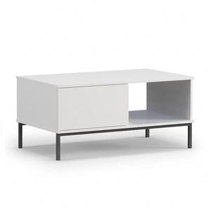 Stolik kawowy Tutti biały z szufladami prosta forma wsparta na metalowej podstawie blat odporny na rozlanie cieczy