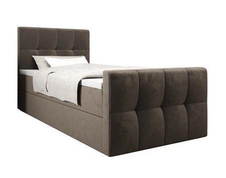 Łóżko kontynentalne Manhattan 120x200 jasny brąz w nowoczesnym skandynawskim stylu z tapicerowanym zagłówkiem i zanóżkiem łóżko z pojemnikiem