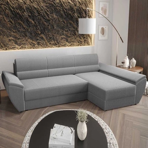 Narożnik z funkcją spania Fogu III szary popiel prawostronny narożnik z podłokietnikami i pojemnikiem na pościel sztruksowa tkanina