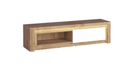 Szafka RTV Livinio 162 cm dąb ribbeck / biały połysk minimalistyczny design szafki do salonu podkreślony oświetleniem ledowym