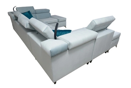 Narożnik z funkcją spania Rava VIII granatowy prawostronny elegancki design gustowna bryła z gwarancją komfortu miękka tkanina