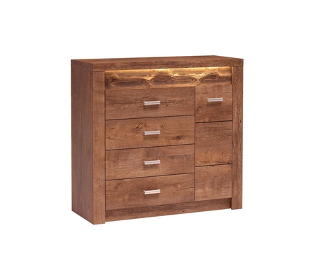 Komoda z szufladami Indiana 108 cm jesion jasny elegancka stylistyka komody ozdobna deska na froncie komody oświetlona LED