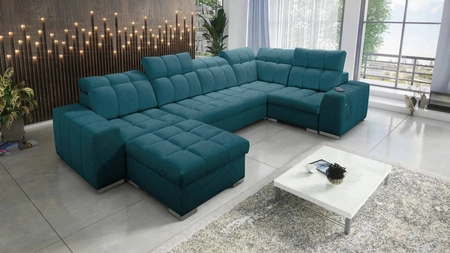 Narożnik z funkcją spania Luigi IV turkusowy lewostronny elegancki narożnik do salonu wykonany z miękkiej tkaniny typu velvet