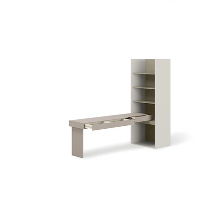 Biurko z regałem Woow 253 cm clay grey / szampański / eukaliptus lewe ergonomiczne biurko z szufladami regał z oświetleniem LED