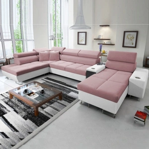 Narożnik z funkcją spania Dafni V indyjski róż / biały prawostronny velvet wygodny i komfortowy narożnik z regulowanymi zagłówkami