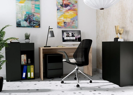 Biurko Agapi 130 cm dąb grand naturalny / czarne z szafką na kółkach stylowe oraz funkcjonalne do biura gabinetu lub pokoju młodzieżowego