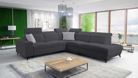 Narożnik z funkcją spania Kelly Sleek IX grafitowy prawostronny stylowy narożnik z wygodnymi podłokietnikami i regulowanymi zagłówkami