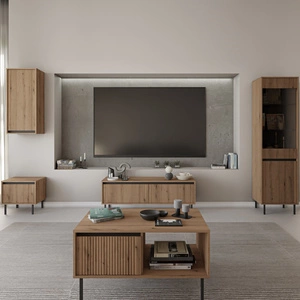 Meblościanka Osaka dąb evoke / czarny minimalistyczny design podkreślony modną kolorystyką wysokie metalowe czarne nogi gustowny ryflowany front