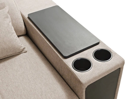 Narożnik z funkcją spania Tesalia VII miodowy lewostronny nowoczesny design komfortowe przesuwane oparcie szuflada w boczku mebla