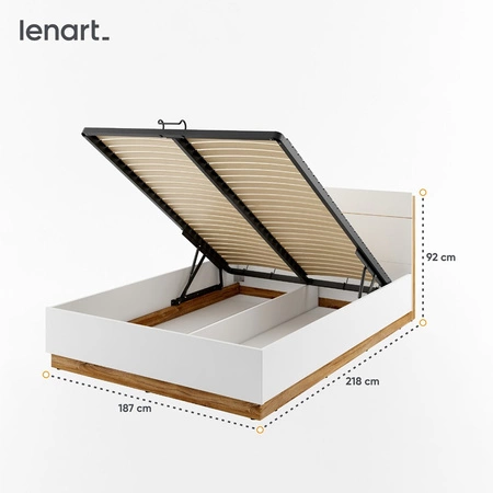 Łóżko Dentro 180x200 cm biały / dąb stirling komfortowe wygodne łóżko z pojemnikiem na pościel oświetlenie LED i półka w zagłówku
