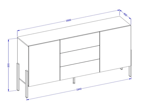 Komoda z szufladami Jukon 184 cm biała elegancka forma mebla w nowoczesnym stylu system otwierania push to open metalowe czarne nogi