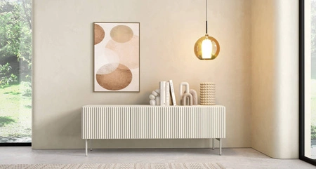 Szafka RTV Muti 147 cm beżowa designerska szafka z efektownym ryflowaniem na frontach i korpusie system otwierania push to open