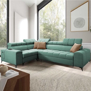 Narożnik z funkcją spania Bolmso II miętowy lewostronny narożnik z pojemnikiem na pościel szuflada z pełnym wysuwem w boczku mebla