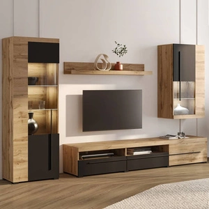 Meblościanka Roger dąb wotan / czarny elegancka stylistyka mebli wzbogacona o stylowe czarne dodatki idealna meblościanka do salonu