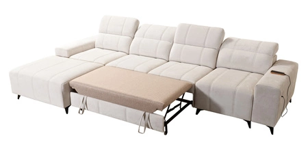 Narożnik z funkcją spania Penejos XII kremowy lewostronny stylowy narożnik z pojemnikami na pościel komfortowe regulowane zagłówki