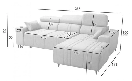 Narożnik z funkcją spania Castel grafitowy prawostronny komfortowy i stylowy narożnik rozkładany z pojemnikiem na pościel