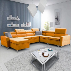 Narożnik z funkcją spania Rava VII żółty lewostronny praktyczny i nowoczesny narożnik do salonu z regulowanymi zagłówkami