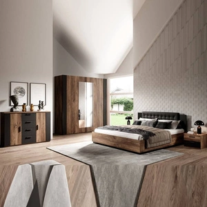 Zestaw mebli do sypialni Sigma dąb flagstaff / czarny z miedzianą wstawką idealne nowoczesne meble do sypialni łóżko z tapicerowanym zagłówkiem