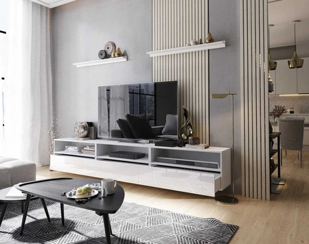 Szafka RTV wisząca Kaires 258 cm biała / biały połysk z półkami elegancki i stylowy design wpisujący się w każde wnętrze