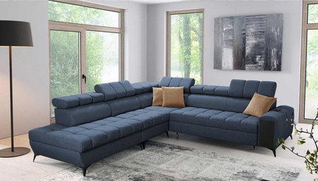 Narożnik z funkcją spania Bolmso IX niebieski lewostronny komfortowy narożnik do salonu z szufladą pojemniki na pościel stylowy design