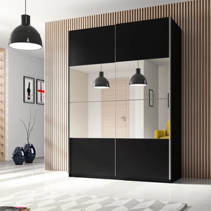 Szafa przesuwna Beta 150 cm czarna pojemna szafa z lustrem na środku świetnie sprawdzi się w pomieszczeniach o każdej wielkości