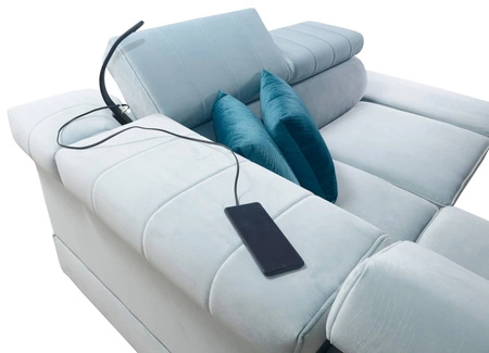 Narożnik z funkcją spania Rava III brązowy prawostronny velvet komfortowy narożnik z regulowanymi zagłówkami i pojemnikiem na pościel