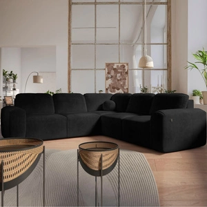 Narożnik z funkcją spania Arbon III czarny prawostronny wyjątkowo stylowy narożnik z pojemnikiem na pościel unikalny obły kształt